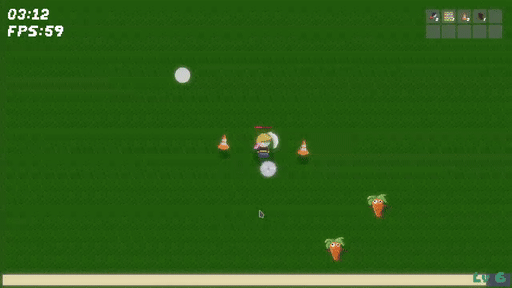 A short looping clip
of a videogame. The aesthetic is pixel art, and quite simple at that. The image looks a
bit burnt, as if someone applied copious, unnecessarily large, amounts of bloom. There is
a character moving around in an empty grass field, they look like a girl, pink pony tail
and wearing some sort of worker clothes and a yellow construction helmet. They're running
around the field, while zombie-looking carrots roam. The character is fighting them.
Several weapons are automatically firing around the character, including some ricocheting
circular saws, some kick particles coming out of their feet, and traffic cones that orbit
around them. After killing a few enemies, the experience bar at the bottom of the screen
fills up and an upgrade selection screen pops up. A user interface shows three different
upgrades: One for the Traffic cone, another for the Coffee and the third one for the
Stapler. The whole thing looks a bit rough and unpolished, but nonetheless appealing. You
may recognize this gameplay loop from games like Vampire Survivors.