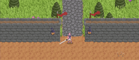 A short looping clip of a videogame.
The aesthetic is pixel art, but it is notably higher quality than the one you've seen
before. Since you're reading the alt text, it means you're cool, so I'll let you in on a
little secret that is hidden to the eyes and tell you this is a gif of my next project,
still not announced, and called 'Game 2: The Return of Game' for lack of a better
moniker. In the gif, you can see a windy landscape, with blades of grass, trees, a stone
wall and a pink-haired girl standing inside of the wall, holding a sword in an idle
athletic pose. People have told me it looks really good, but I wouldn't say that about my
own game. Anyway, thanks for tuning in to the alt texts. You rock! ❤️